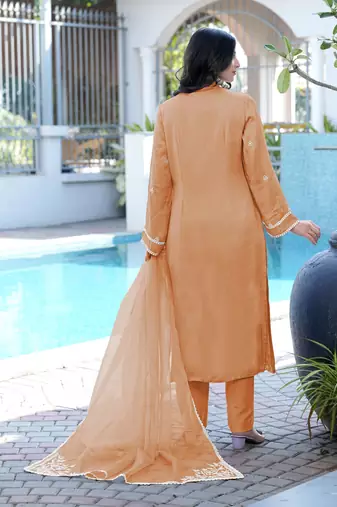 Light-brown embroidered modal satin stitched straight cut kurta pants dupatta readymade suits