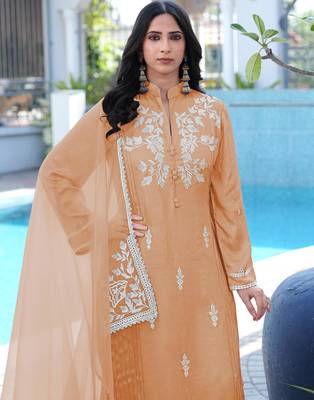 Light-brown embroidered modal satin stitched straight cut kurta pants dupatta readymade suits 4