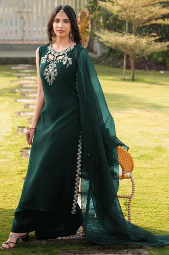 Dark-green embroidered art silk stitched a line kurta palazzo dupatta readymade suits