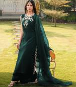 Dark-green embroidered art silk stitched a line kurta palazzo dupatta readymade suits