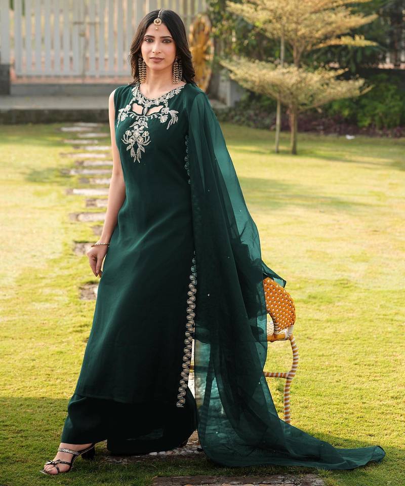Dark-green embroidered art silk stitched a line kurta palazzo dupatta readymade suits