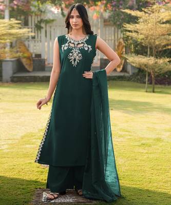 Dark-green embroidered art silk stitched a line kurta palazzo dupatta readymade suits 2