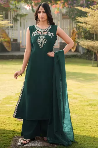 Dark-green embroidered art silk stitched a line kurta palazzo dupatta readymade suits