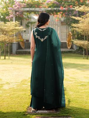 Dark-green embroidered art silk stitched a line kurta palazzo dupatta readymade suits 3