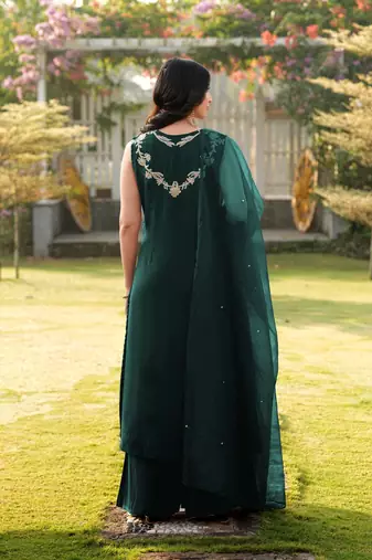 Dark-green embroidered art silk stitched a line kurta palazzo dupatta readymade suits
