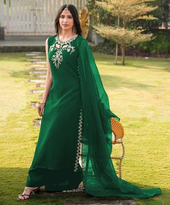 Green embroidered art silk stitched a line kurta palazzo dupatta readymade suits 1