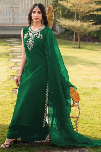 Green embroidered art silk stitched a line kurta palazzo dupatta readymade suits