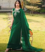 Green embroidered art silk stitched a line kurta palazzo dupatta readymade suits