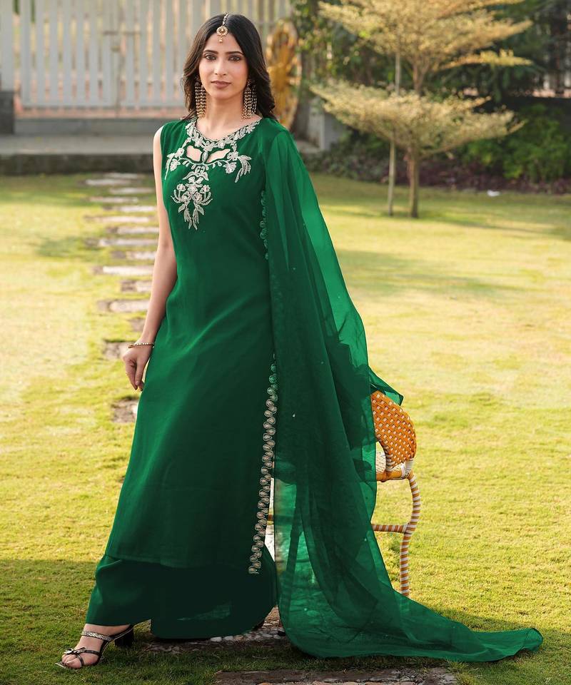 Green embroidered art silk stitched a line kurta palazzo dupatta readymade suits