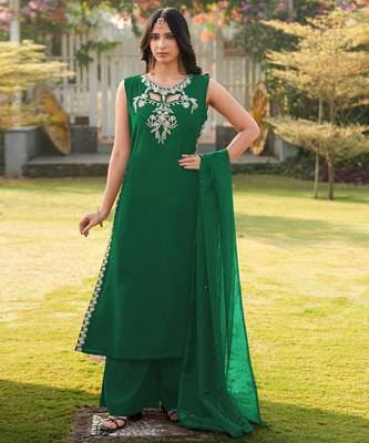 Green embroidered art silk stitched a line kurta palazzo dupatta readymade suits 2