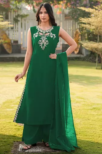Green embroidered art silk stitched a line kurta palazzo dupatta readymade suits