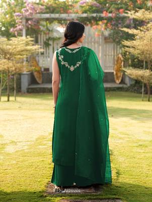 Green embroidered art silk stitched a line kurta palazzo dupatta readymade suits 3