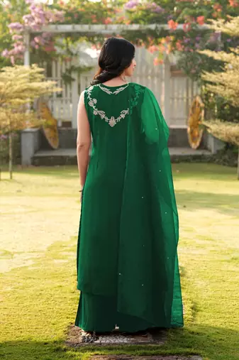 Green embroidered art silk stitched a line kurta palazzo dupatta readymade suits