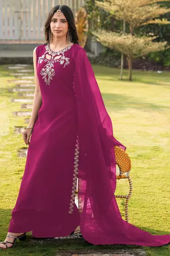 Magenta embroidered art silk stitched a line kurta palazzo dupatta readymade suits