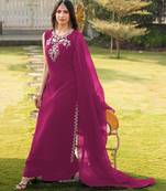 Magenta embroidered art silk stitched a line kurta palazzo dupatta readymade suits
