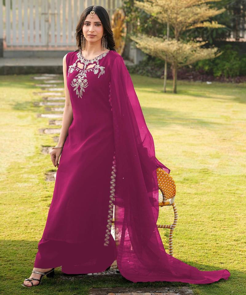 Magenta embroidered art silk stitched a line kurta palazzo dupatta readymade suits