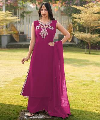 Magenta embroidered art silk stitched a line kurta palazzo dupatta readymade suits 2