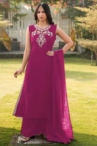 Magenta embroidered art silk stitched a line kurta palazzo dupatta readymade suits