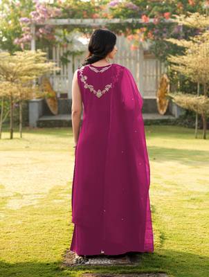Magenta embroidered art silk stitched a line kurta palazzo dupatta readymade suits 3