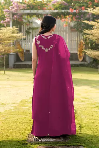 Magenta embroidered art silk stitched a line kurta palazzo dupatta readymade suits