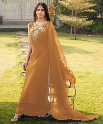 Light-brown embroidered art silk stitched a line kurta palazzo dupatta readymade suits 1
