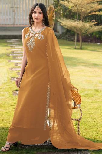 Light-brown embroidered art silk stitched a line kurta palazzo dupatta readymade suits
