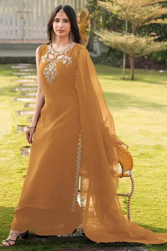 Light-brown embroidered art silk stitched a line kurta palazzo dupatta readymade suits