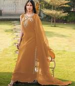 Light-brown embroidered art silk stitched a line kurta palazzo dupatta readymade suits