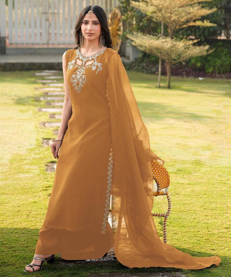 Light-brown embroidered art silk stitched a line kurta palazzo dupatta readymade suits