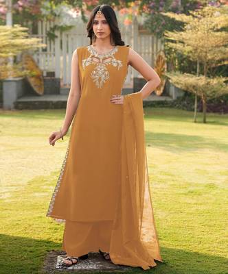 Light-brown embroidered art silk stitched a line kurta palazzo dupatta readymade suits 2