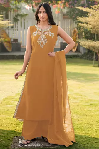 Light-brown embroidered art silk stitched a line kurta palazzo dupatta readymade suits