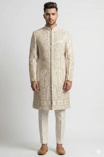 Ivory gold zardozi work raw silk royal sherwani with mandarin collar