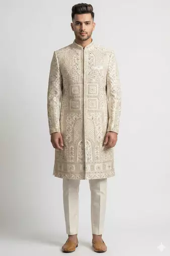Ivory gold zardozi work raw silk royal sherwani with mandarin collar