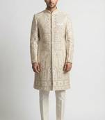 Ivory gold zardozi work raw silk royal sherwani with mandarin collar