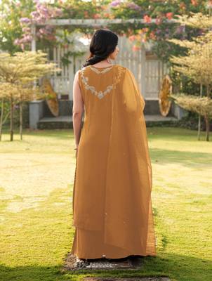 Light-brown embroidered art silk stitched a line kurta palazzo dupatta readymade suits 3