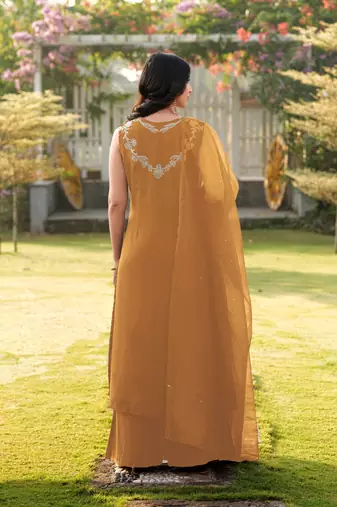 Light-brown embroidered art silk stitched a line kurta palazzo dupatta readymade suits