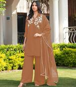 Light-brown embroidered viscose georgette stitched straight cut kurta culottes dupatta readymade suits