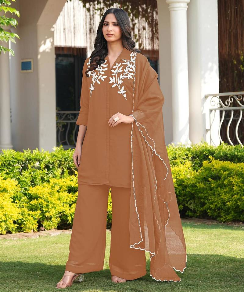 Light-brown embroidered viscose georgette stitched straight cut kurta culottes dupatta readymade suits