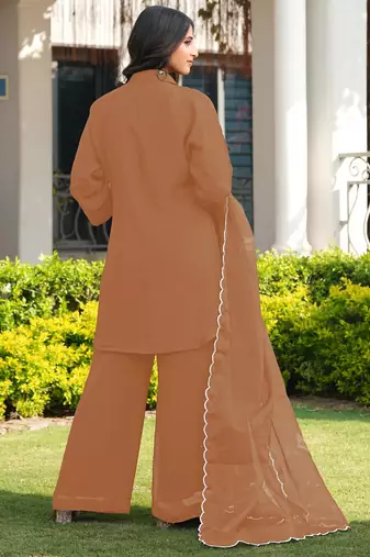 Light-brown embroidered viscose georgette stitched straight cut kurta culottes dupatta readymade suits