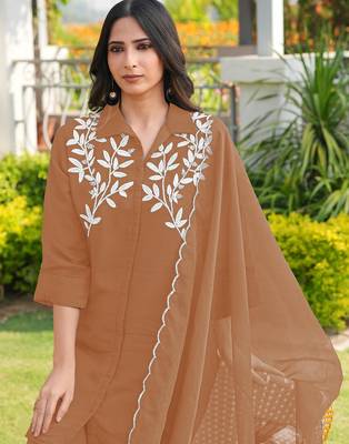 Light-brown embroidered viscose georgette stitched straight cut kurta culottes dupatta readymade suits 3