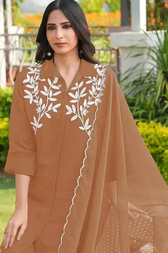 Light-brown embroidered viscose georgette stitched straight cut kurta culottes dupatta readymade suits