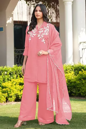 Light-pink embroidered viscose georgette stitched straight cut kurta culottes dupatta readymade suits