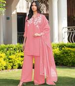 Light-pink embroidered viscose georgette stitched straight cut kurta culottes dupatta readymade suits