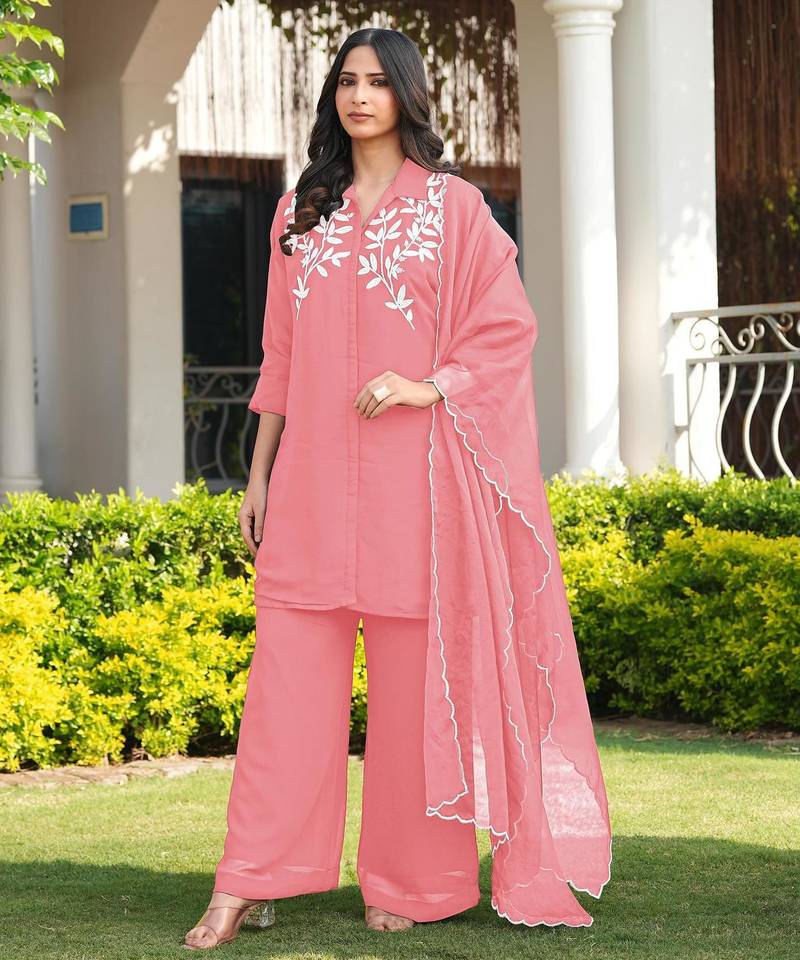 Light-pink embroidered viscose georgette stitched straight cut kurta culottes dupatta readymade suits