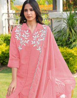 Light-pink embroidered viscose georgette stitched straight cut kurta culottes dupatta readymade suits 3