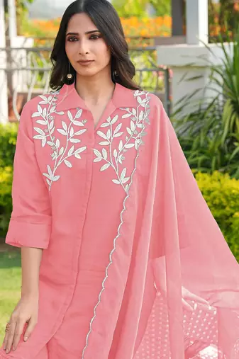 Light-pink embroidered viscose georgette stitched straight cut kurta culottes dupatta readymade suits