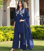 Navy-blue embroidered viscose georgette stitched straight cut kurta culottes dupatta readymade suits