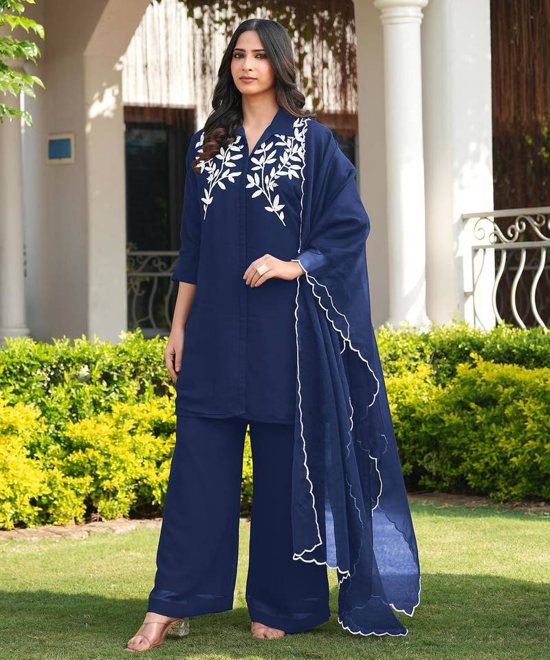 Navy-blue embroidered viscose georgette stitched straight cut kurta culottes dupatta readymade suits