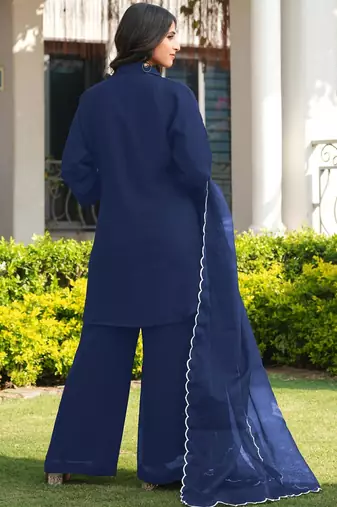 Navy-blue embroidered viscose georgette stitched straight cut kurta culottes dupatta readymade suits