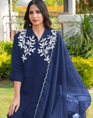 Navy-blue embroidered viscose georgette stitched straight cut kurta culottes dupatta readymade suits 3